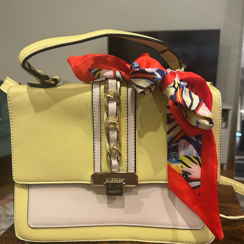 Yellow and Cream Women's Bag with Scarf Accent